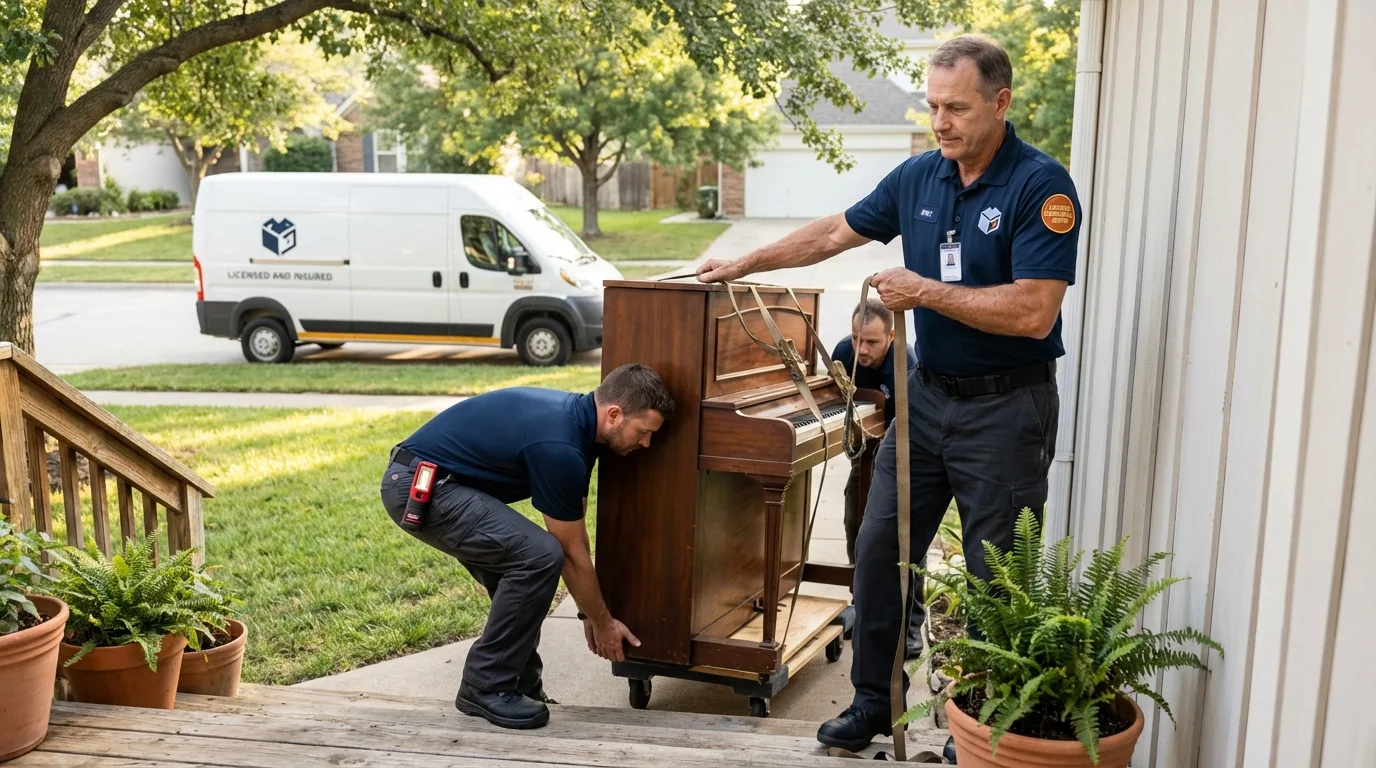 Licensed piano movers securing grand piano in Windsor, CO