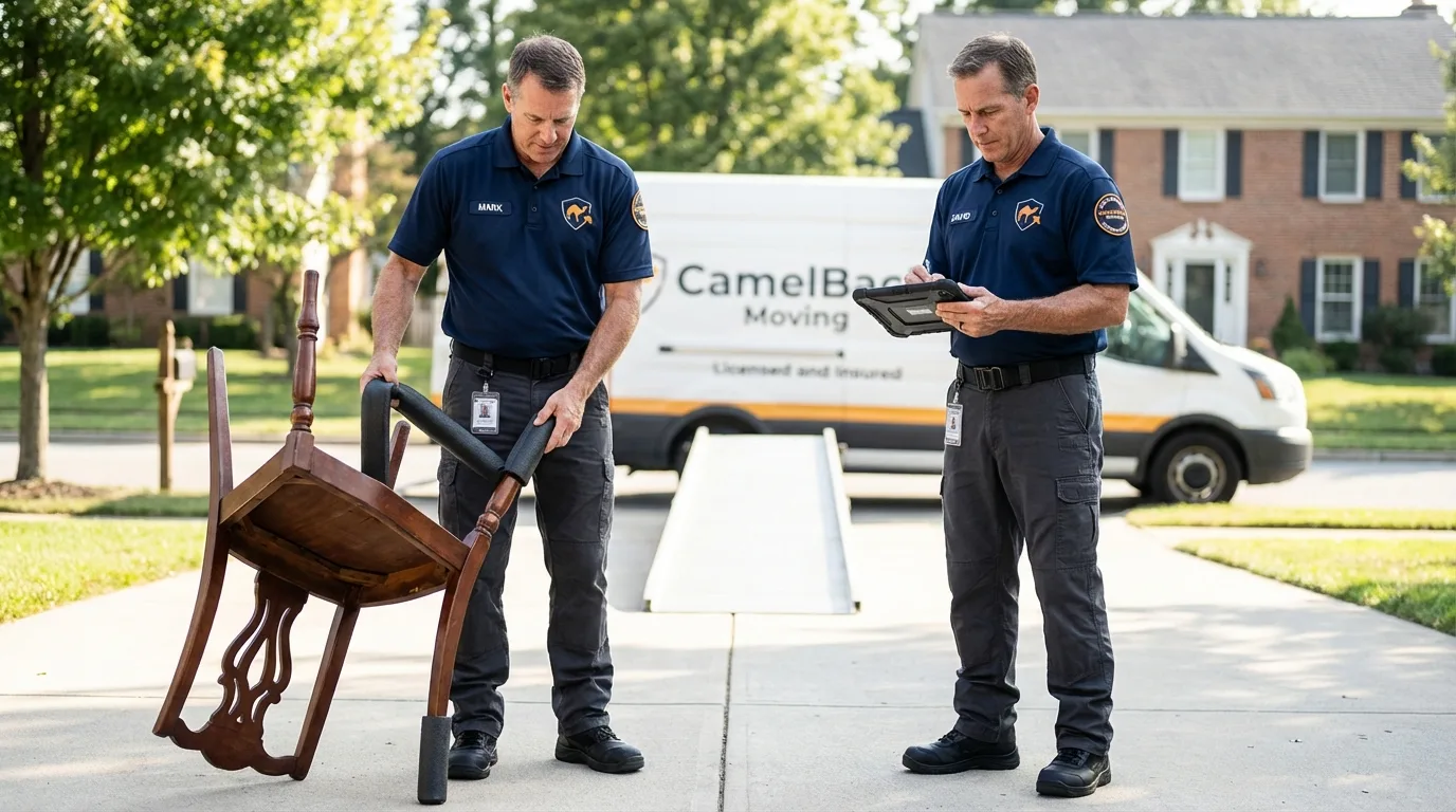 Movers inspecting furniture for damage prevention before loading in Windsor, CO